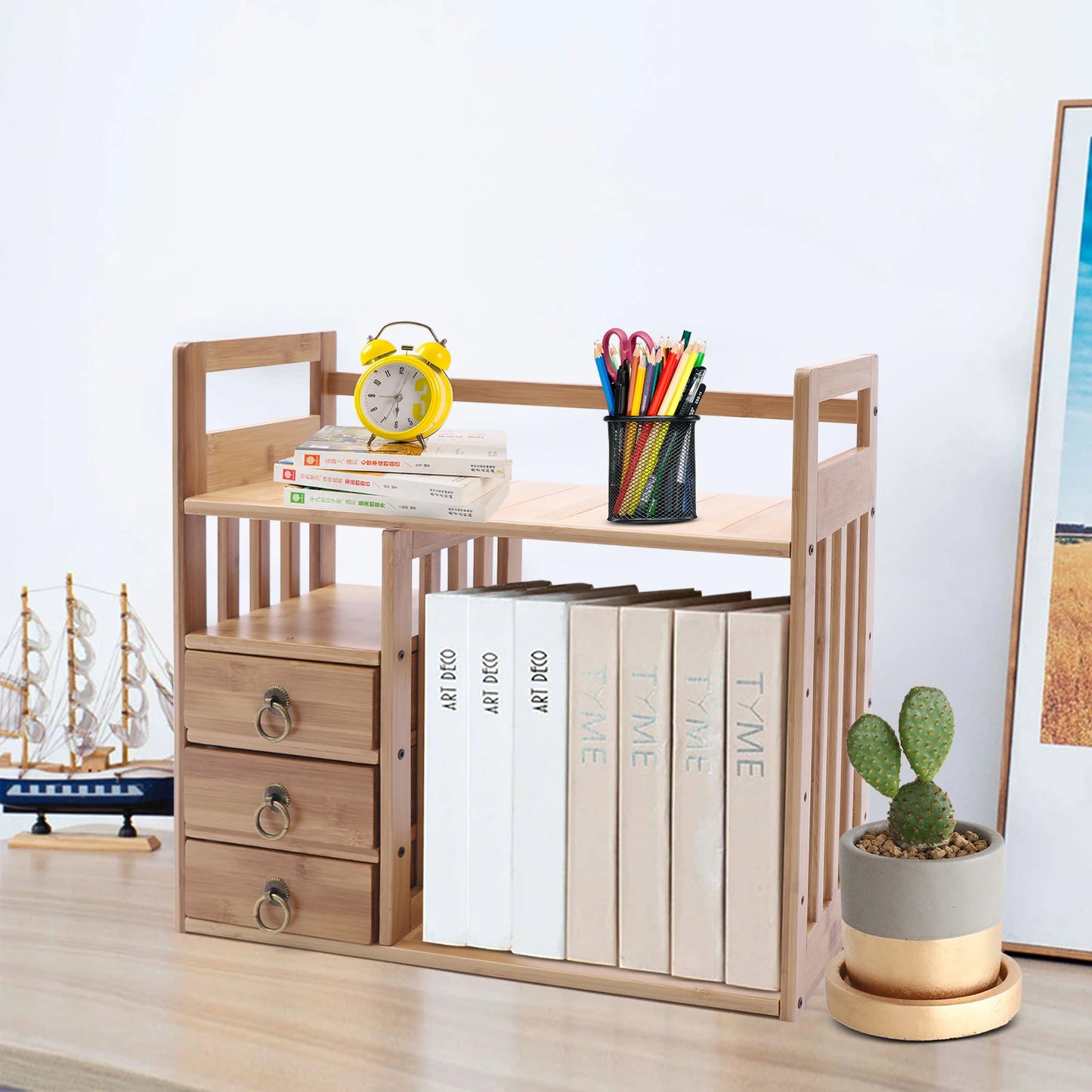 NEW Bamboo Desk Bookshelf Small Expandable Desktop Organizer