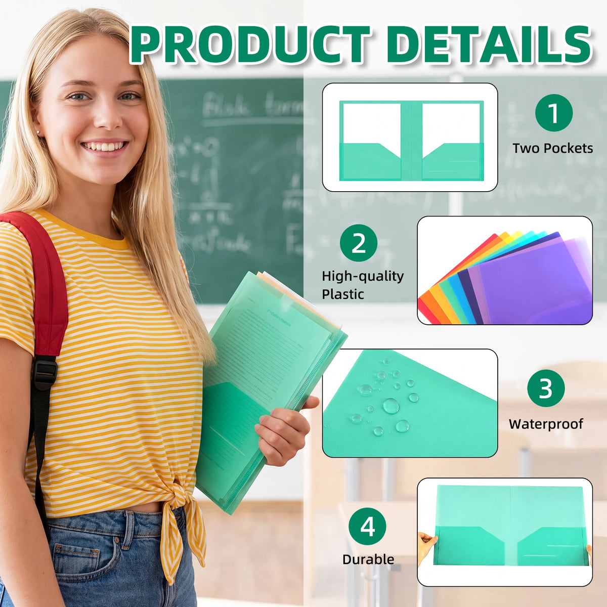 SGHUO 24pcs Clear 2 Pocket Plastic Folders, 8 Assorted Colors