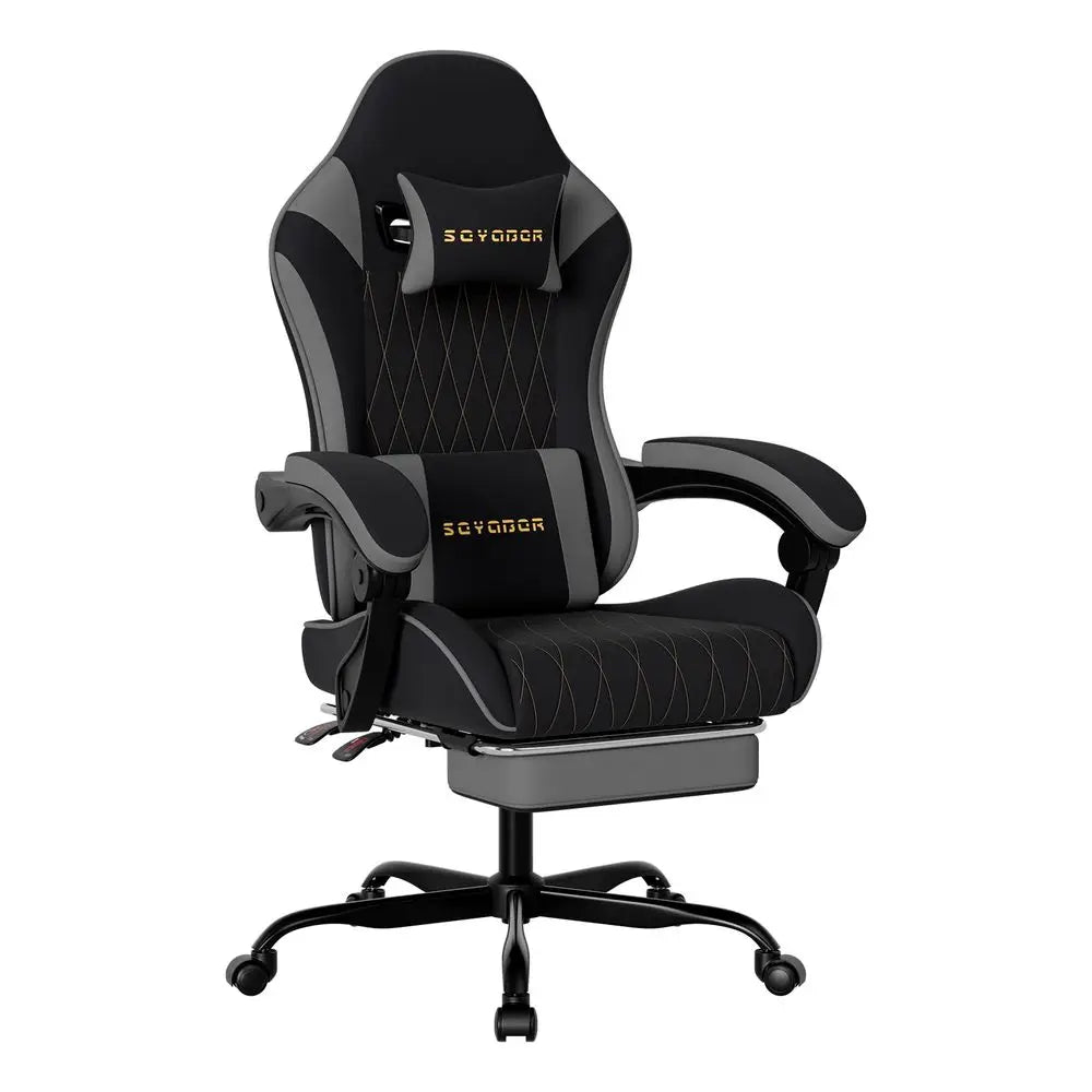 Fabric Gaming Chair with Footrest, Gold Diamond Stitching, Height Adjustable