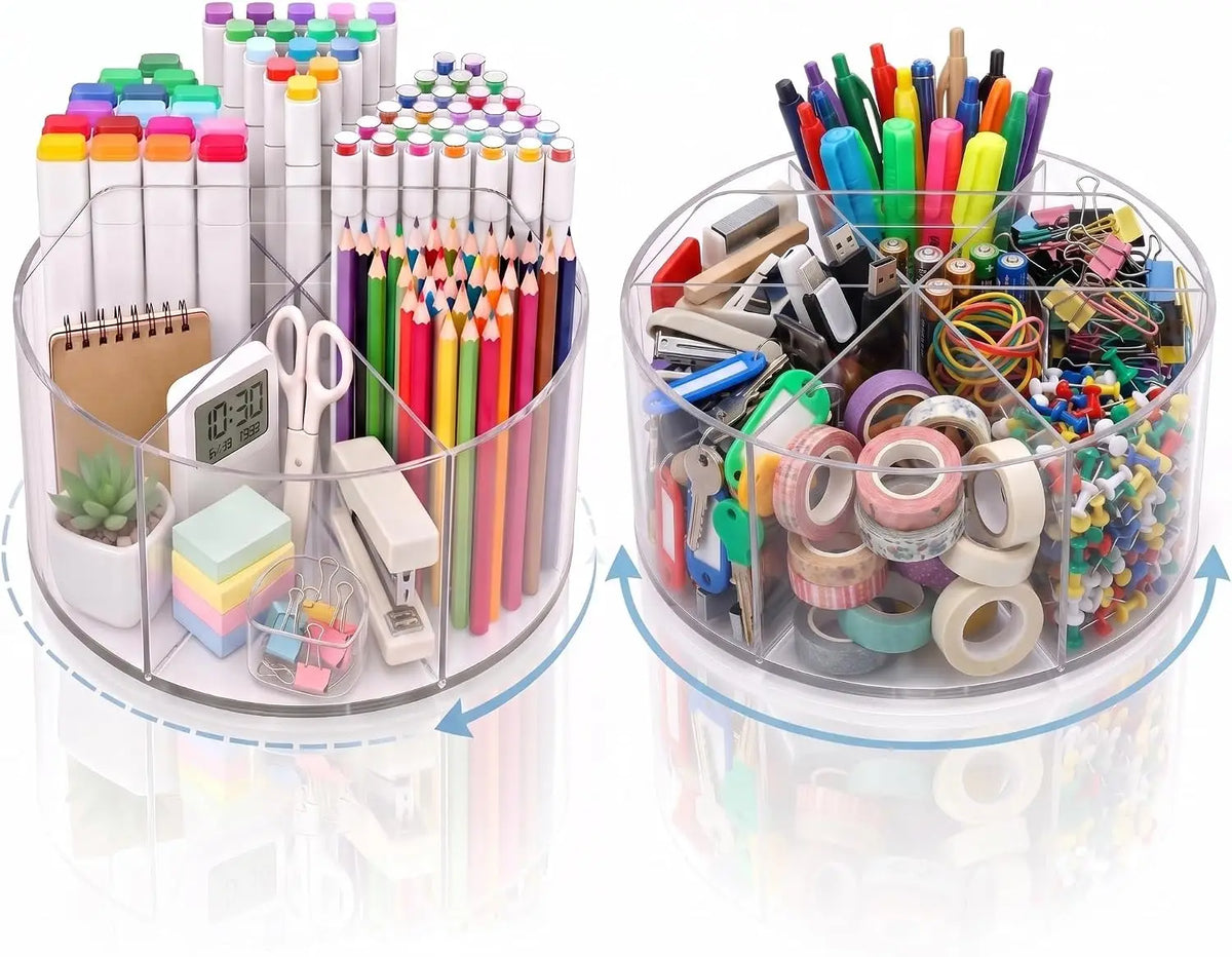 Spinning Acrylic Desk Pen Holder 360 Degree With 6 Compartments And Handle