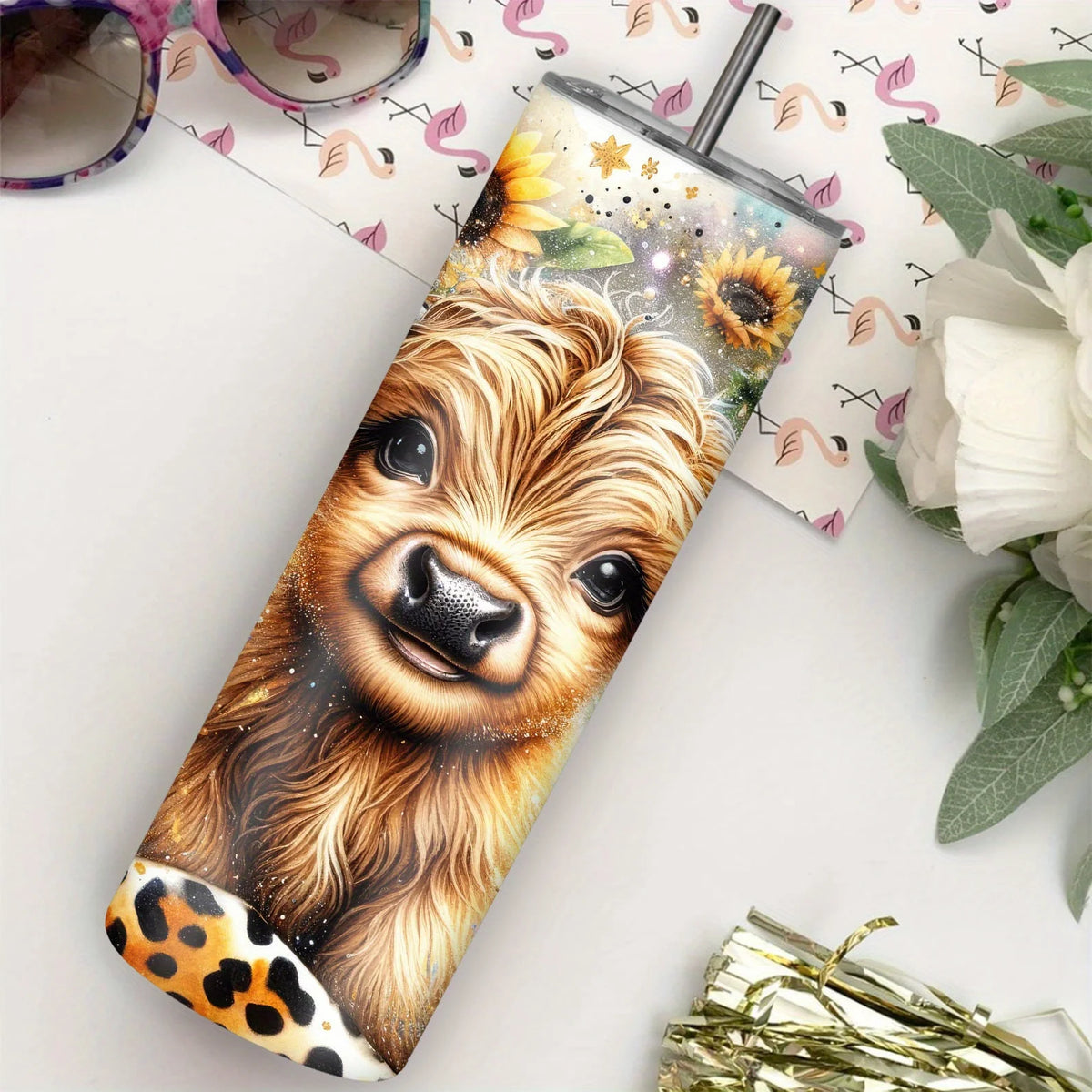 20oz Sunflower Cow Insulated Travel Tumbler - Stainless Steel, Leak-Proof