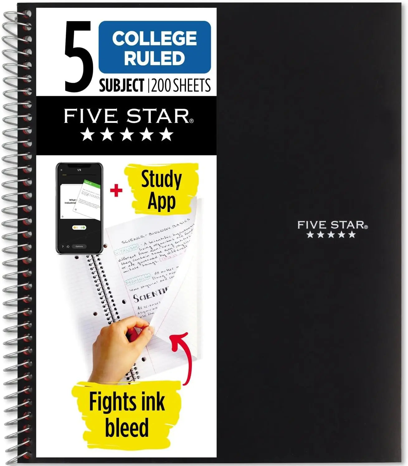 5 Subject Spiral Notebook with Study App, 200 Sheets