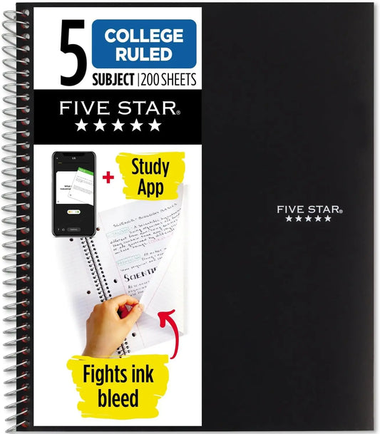 5 Subject Spiral Notebook with Study App, 200 Sheets