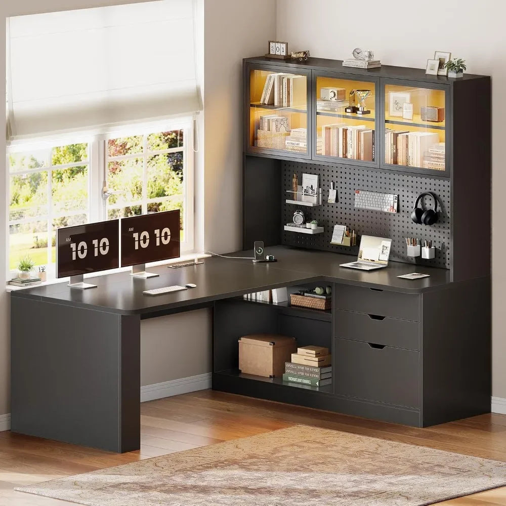 L Shaped Corner Gaming Desk with 3 Wood Drawer and Large Bookshelf