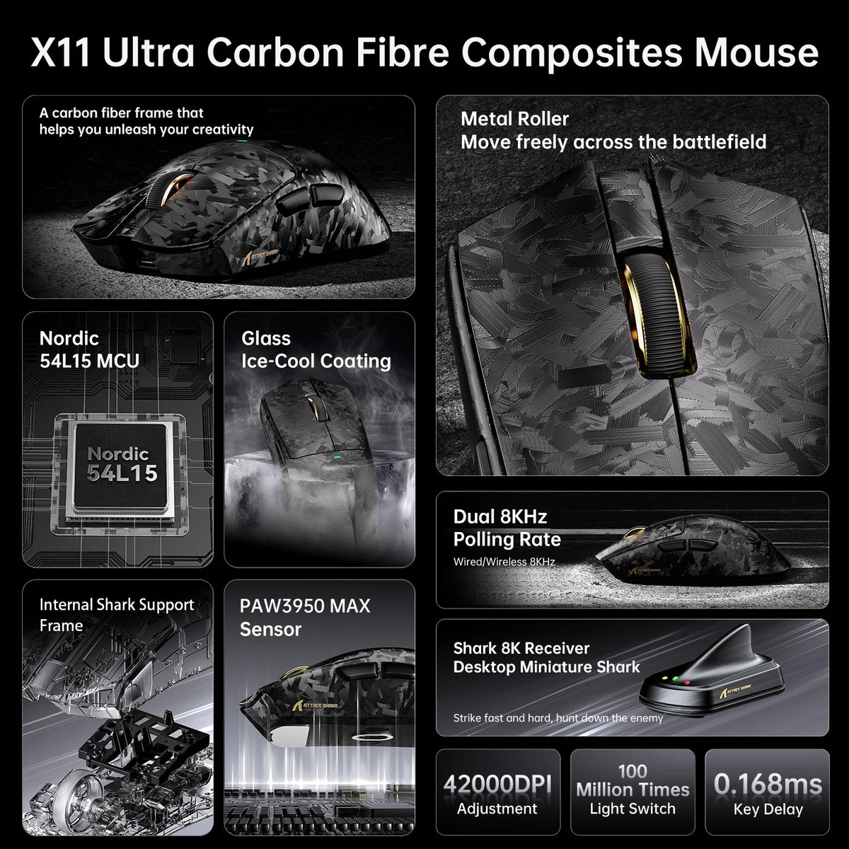 ATTACK SHARK X11 ULTRA Carbon Fiber Wireless 8K PAW3950MAX Gaming Mouse