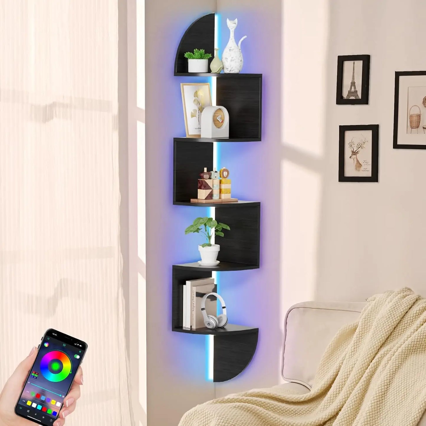 5-Tier Corner Shelf with LED Lights, for Home and Office Display