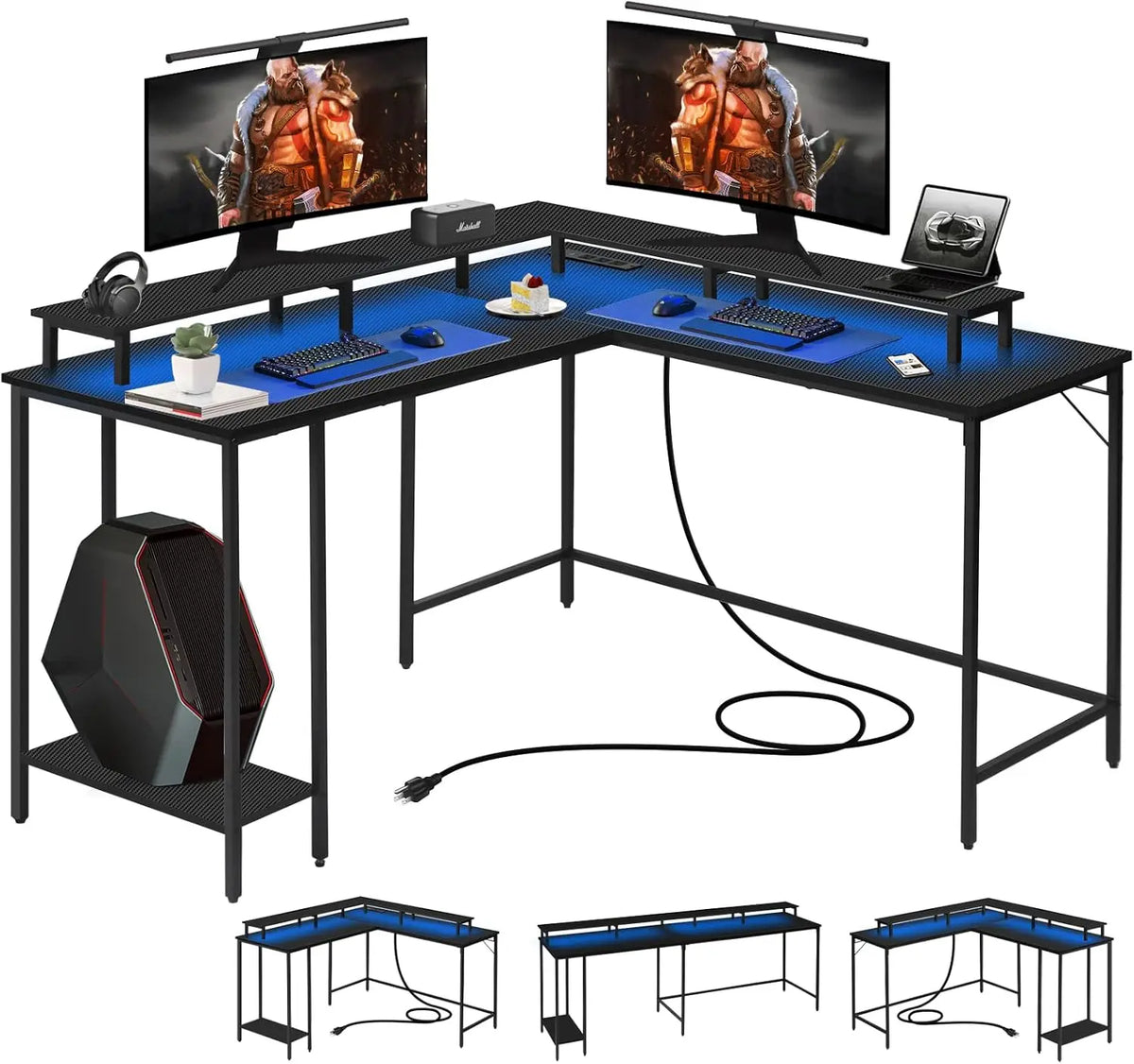 Panana 53.5" L Shaped Computer Desk with LED Lights and Power Outlets
