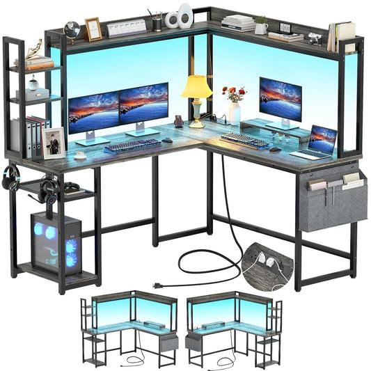 L Shaped Gaming Desk with Power Outlet, LED Lights, Monitor Stand