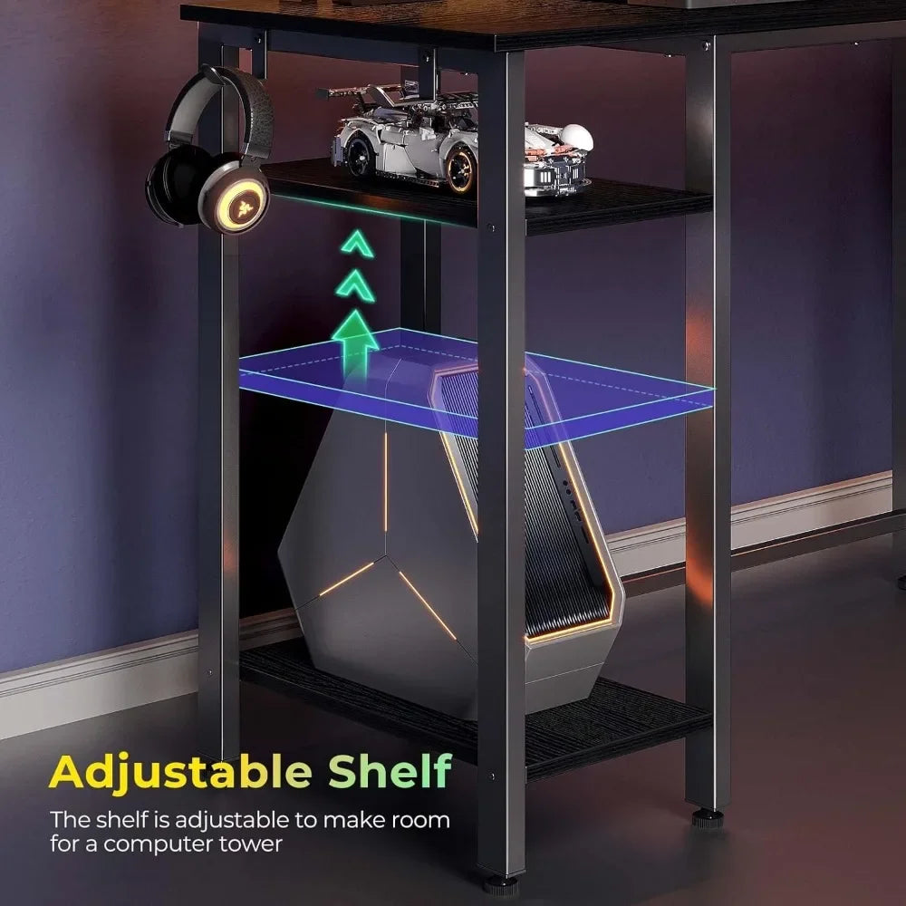 HOT-L Shaped Gaming Desk With LED Lights & Power Outlets, 46.2"