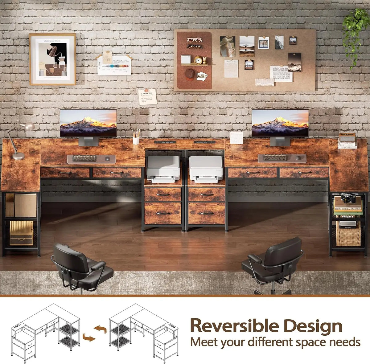 57" L Shaped Computer Desk with Power Outlet, Drawers, Rustic Brown