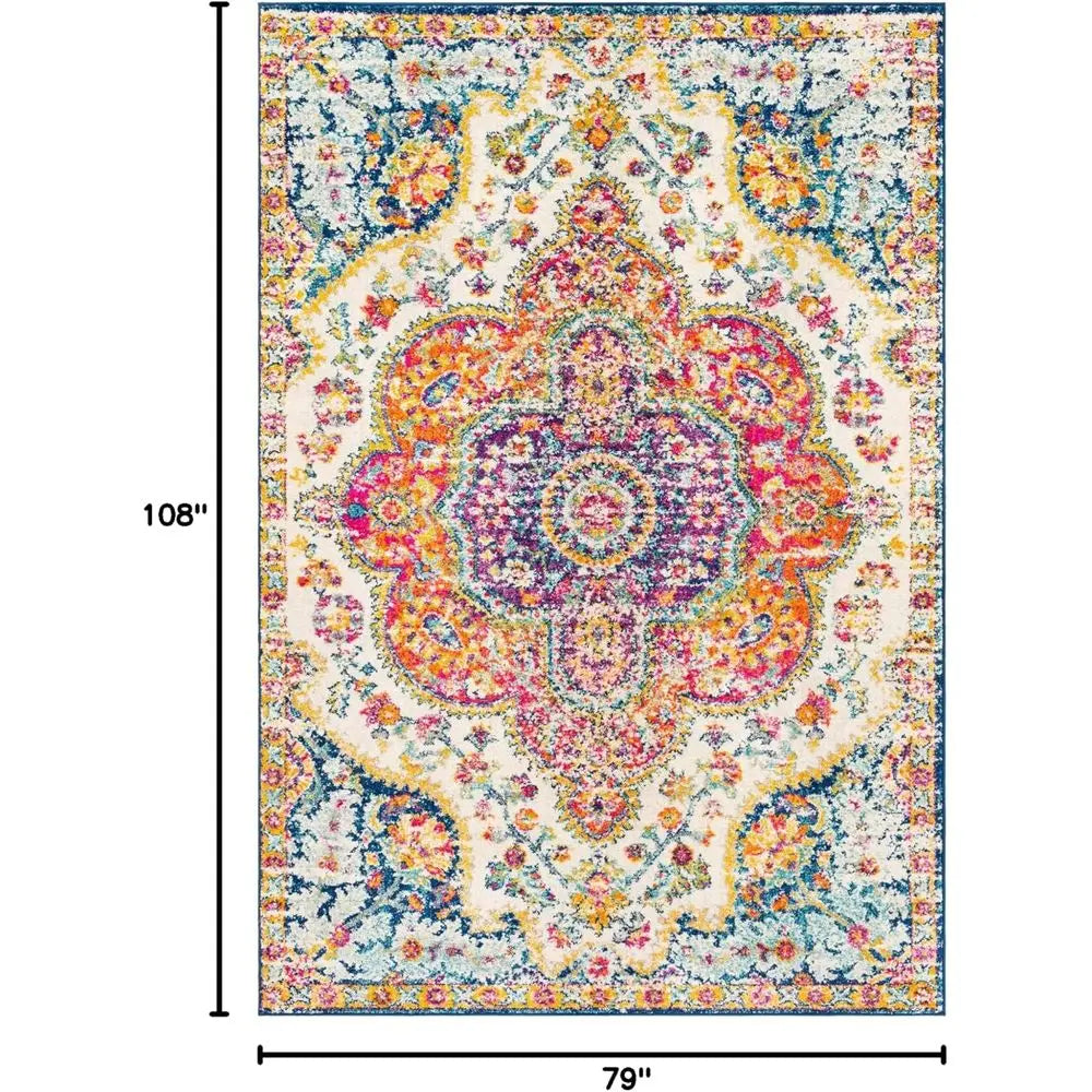 Vintage Boho Fuchsia Mustard Blue Floral Medallion Area Rug, 7x9