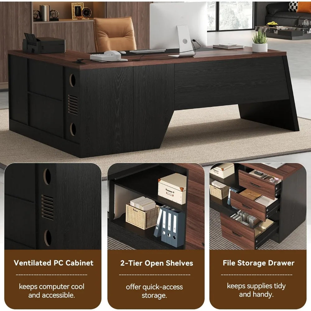 L-Shaped Executive Desk with Power Outlet, 78-Inch