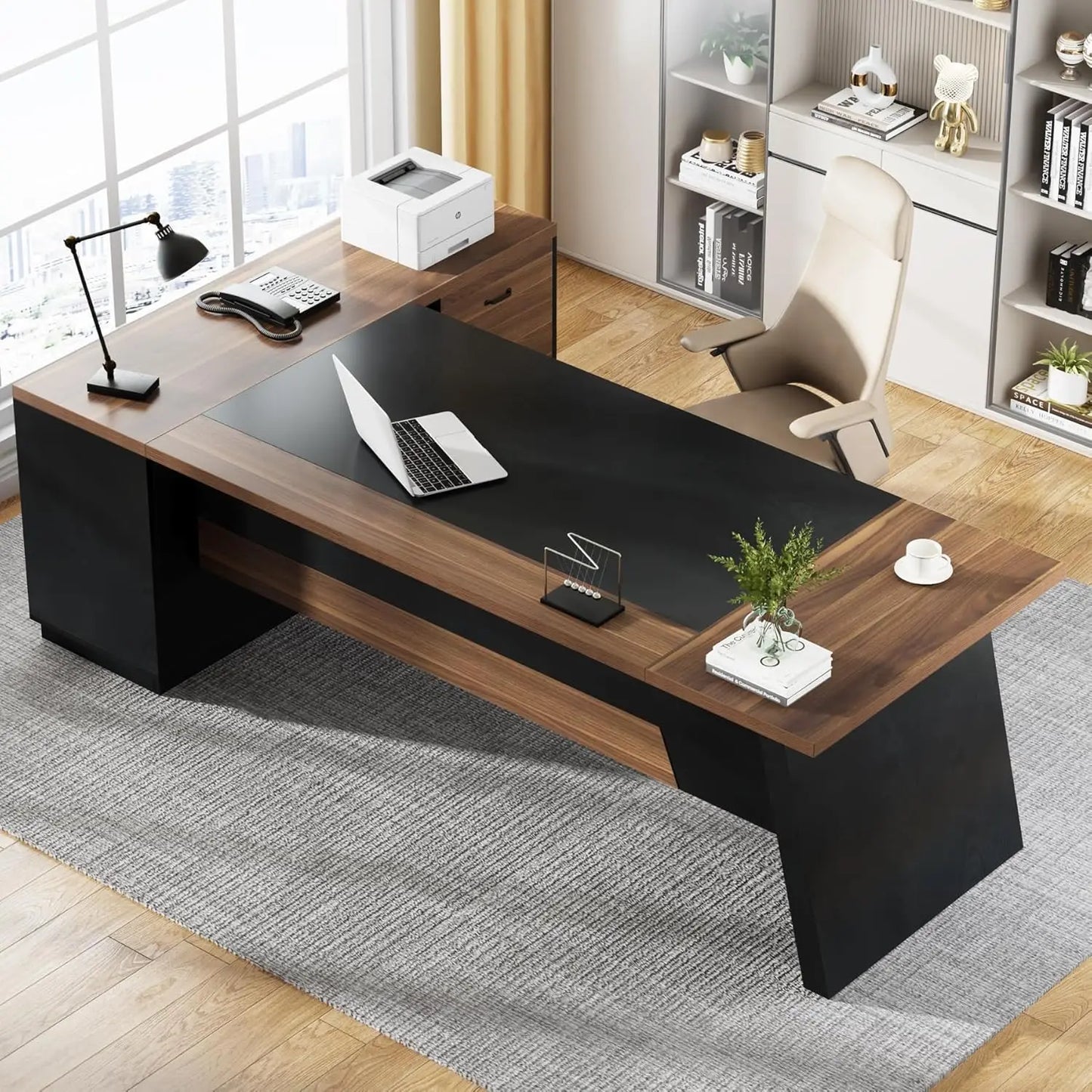 78" L-Shaped Desk, Modern Executive Desk with Drawers