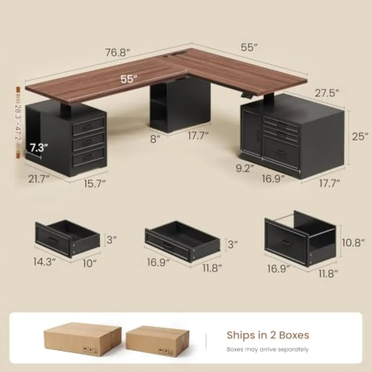 L Shaped Electric Height Adjustable Desk 76.8 x 55 with File Drawer