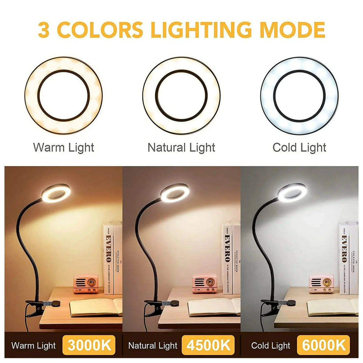 LED Clip-On Magnifying Desk Lamp 5X Magnifier USB Powered 3 Colors 10 Levels