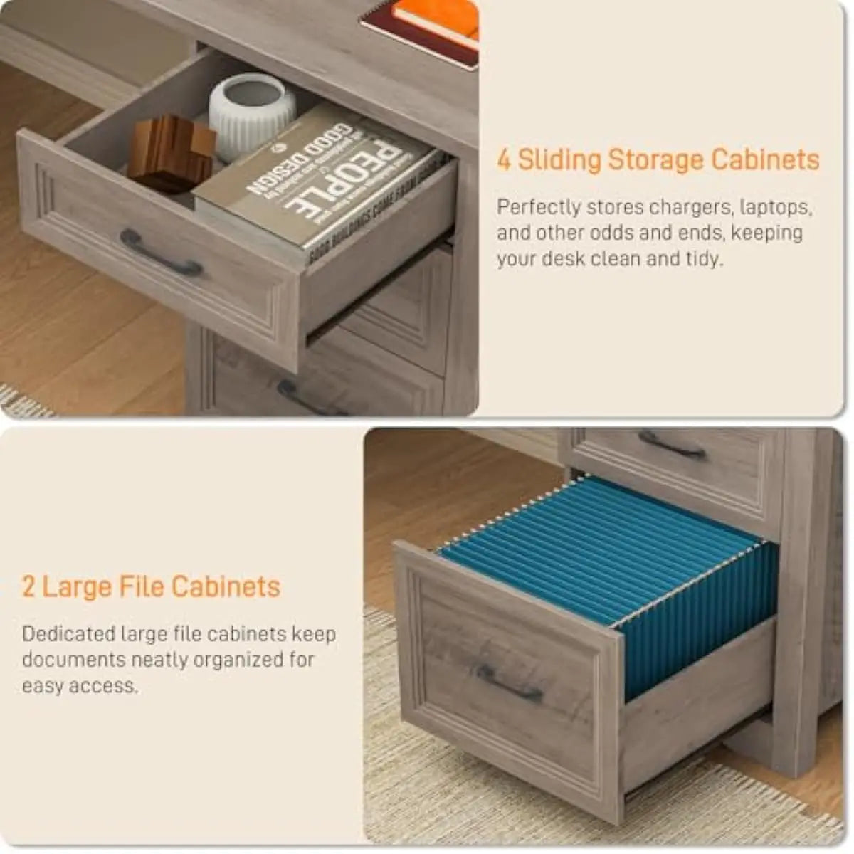 L Shaped Modern Desk with 4 Large Drawers Built-in Power Hub