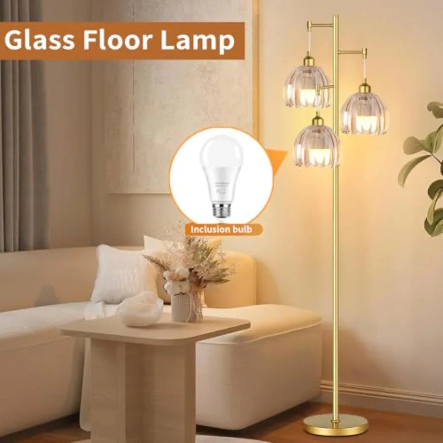Gold Floor Lampswith Glass Lampshade and Three Led Bulb