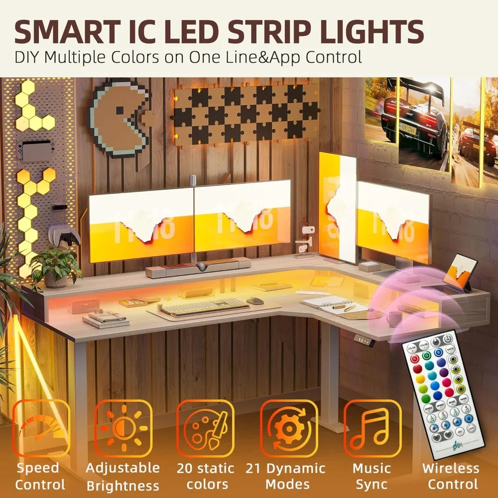 63'' L-Shaped Standing Desk with LED Light Strip and Power Outlet