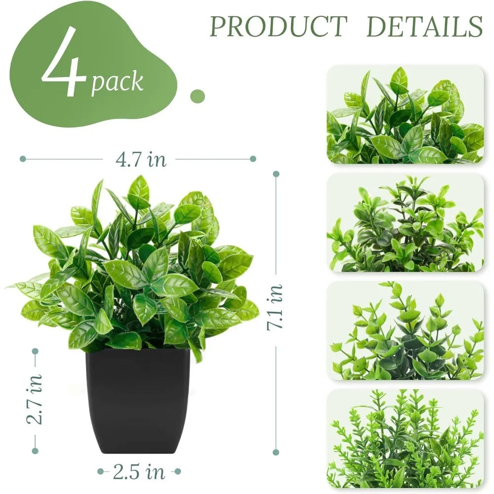 4 Pack Black Mini Artificial Greenery Potted Plants