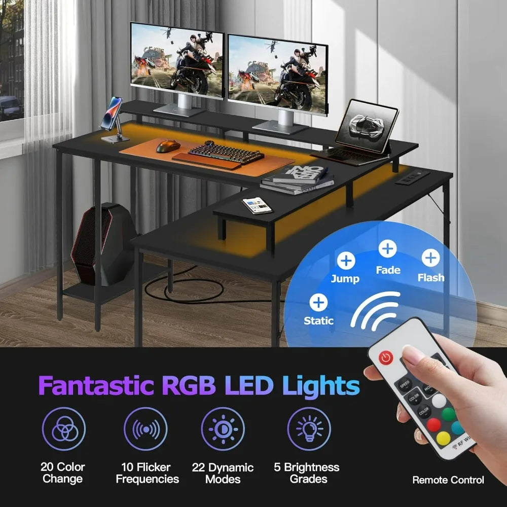 Panana 53.5" L Shaped Computer Desk with LED Lights and Power Outlets
