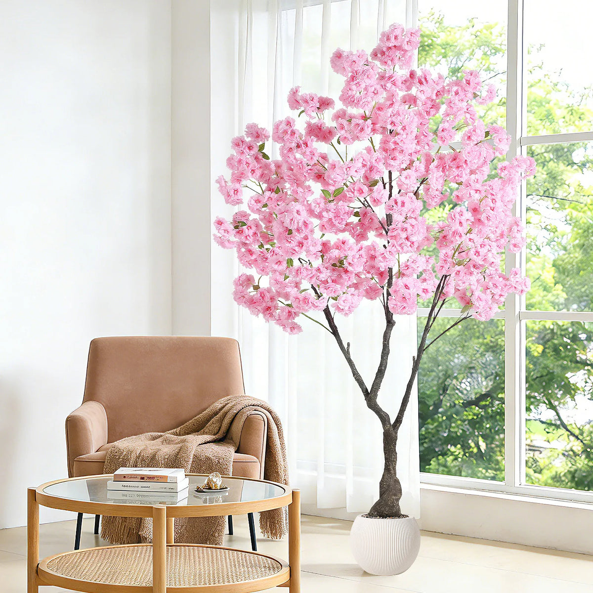 Artificial Cherry Blossom Tree with White Planter & Adjustable Branches
