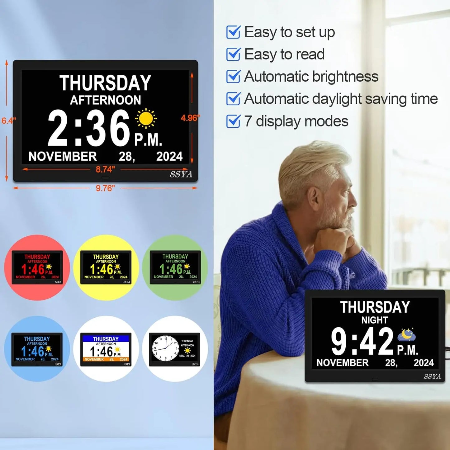 Large Digital Clock with Date & Day, Auto DST, 7 Display Modes