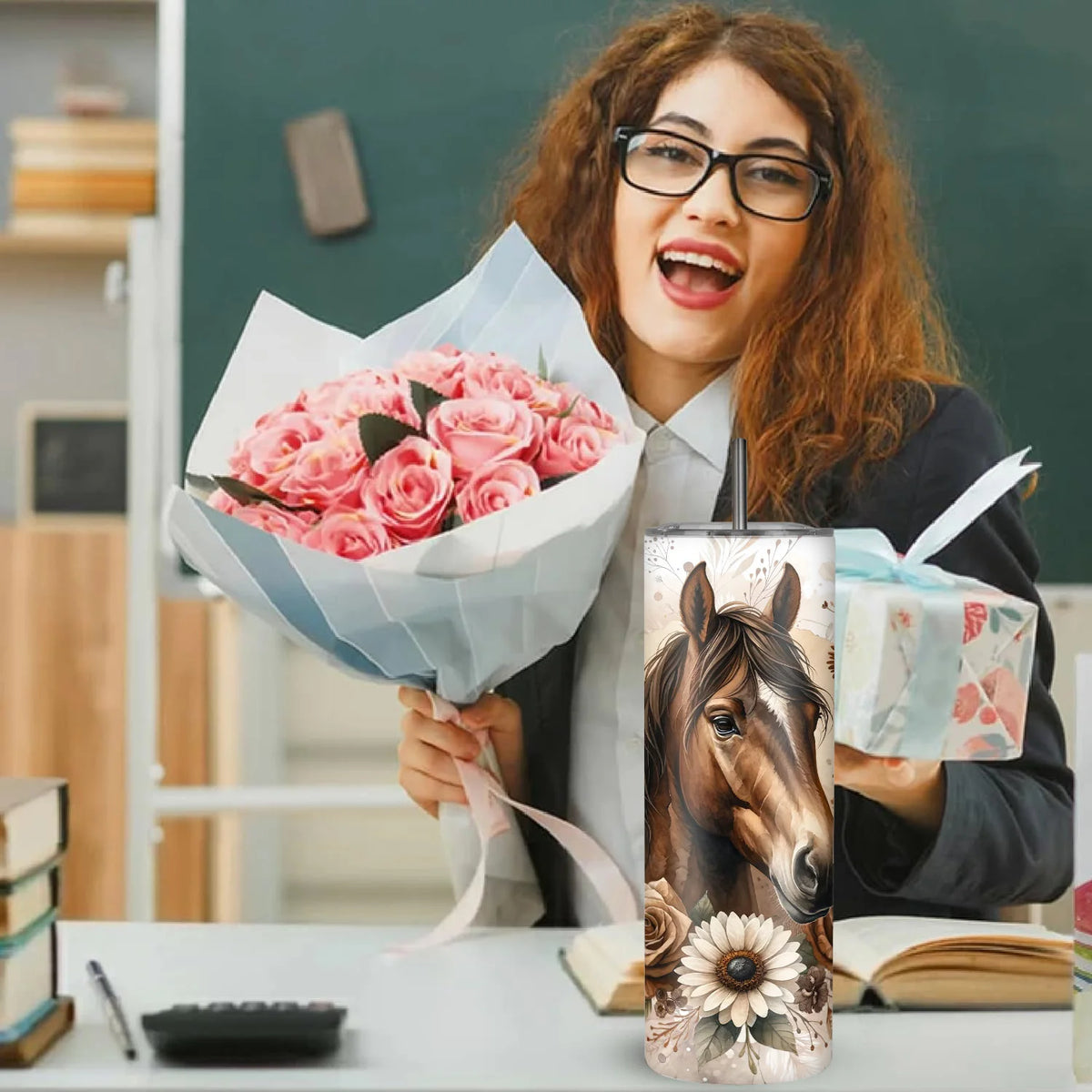 20oz Stainless Steel Horse-Themed Tumbler with Lid - Leak-Proof