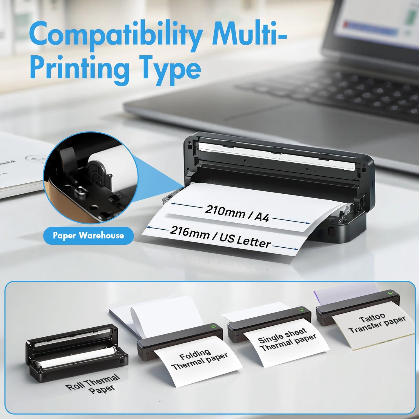 Portable Printers Wireless Inkless Thermal US Letter/A4/A5/B5
