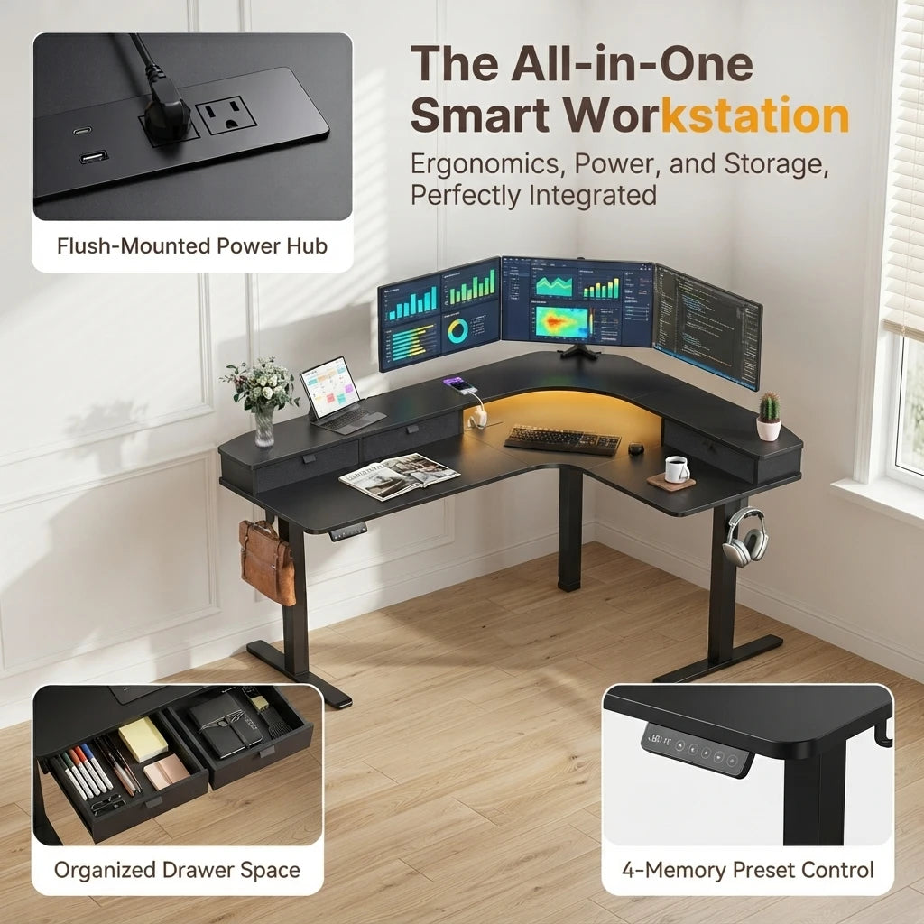 65" L‑Shaped Electric Standing Desk with 3 Drawers, Height Adjustable