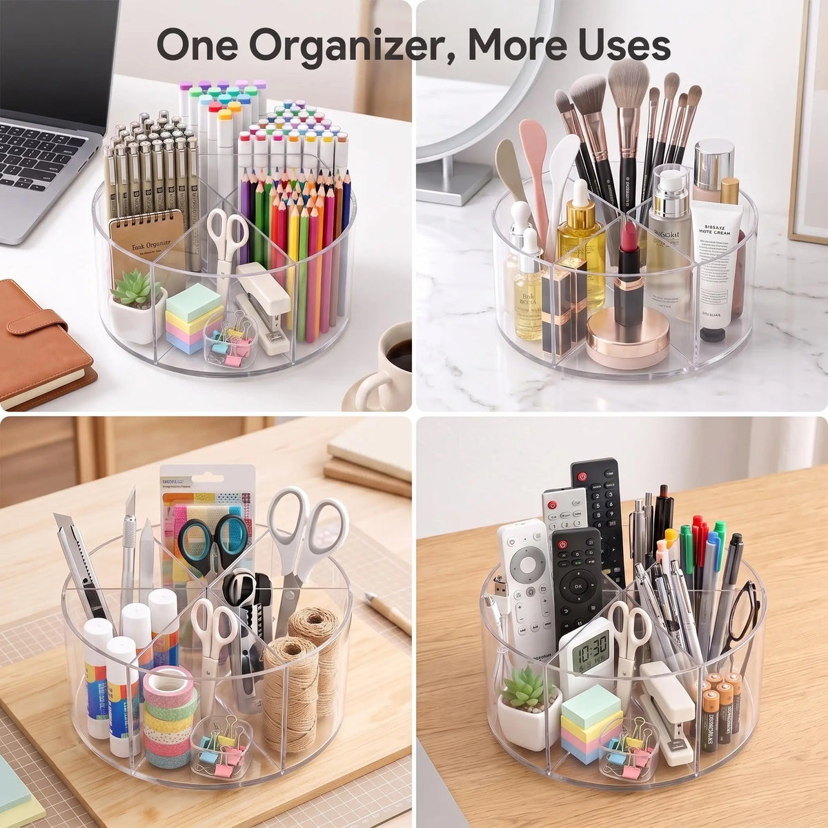 Spinning Acrylic Desk Pen Holder 360 Degree With 6 Compartments And Handle