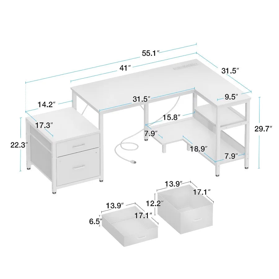 Casacomoda L Shaped Desk Power Outlets File Drawer Home Office