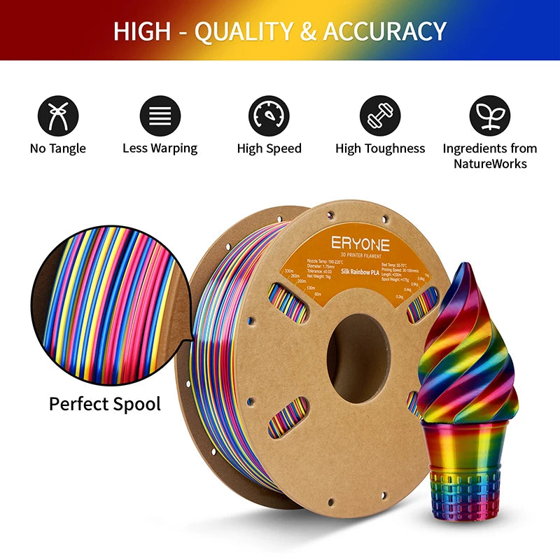 ERYONE 10KG Silk Rainbow Twist PLA Filament 1.75mm, 1kg Spool