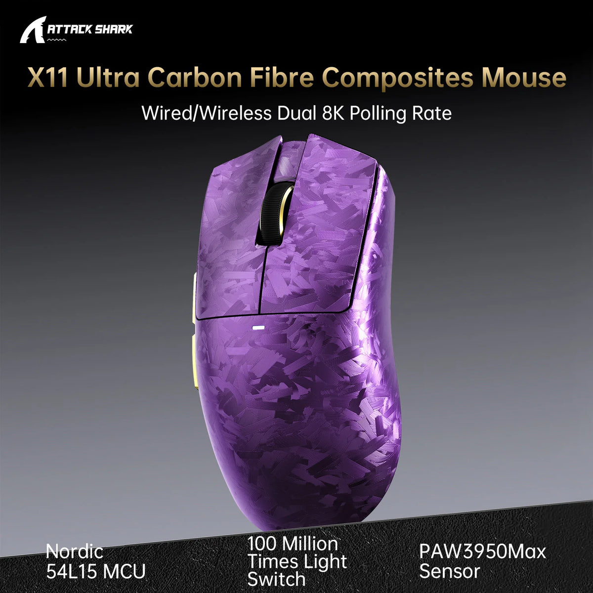 ATTACK SHARK X11 ULTRA Carbon Fiber Wireless 8K PAW3950MAX Gaming Mouse