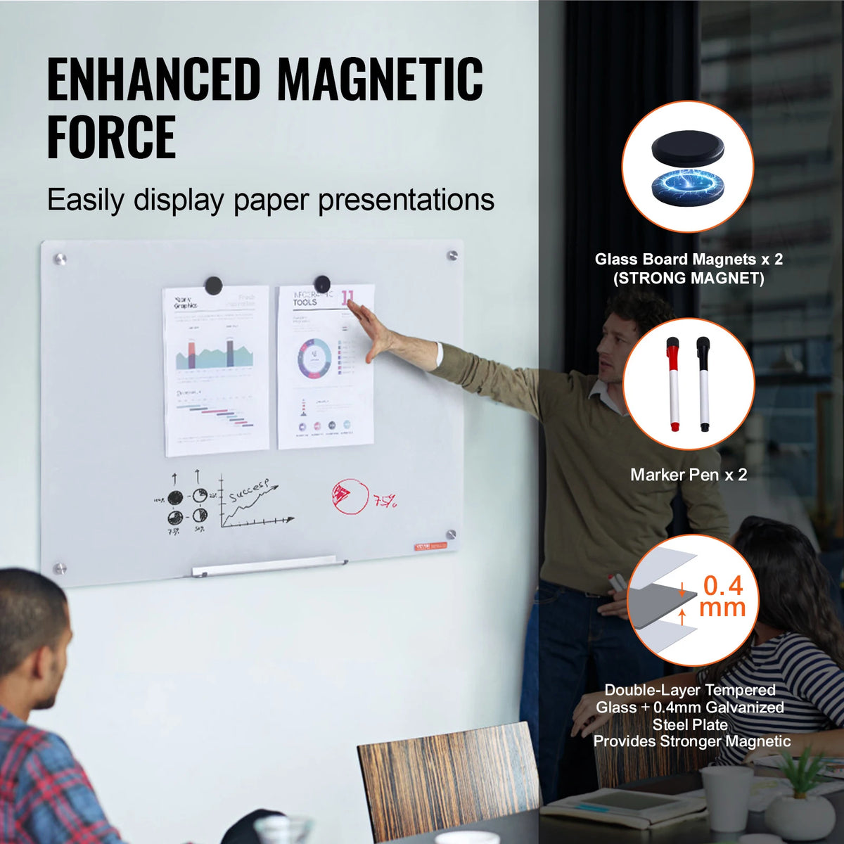 VEVOR Magnetic Glass Whiteboard 36"x24"/48"x32"/72"x36"