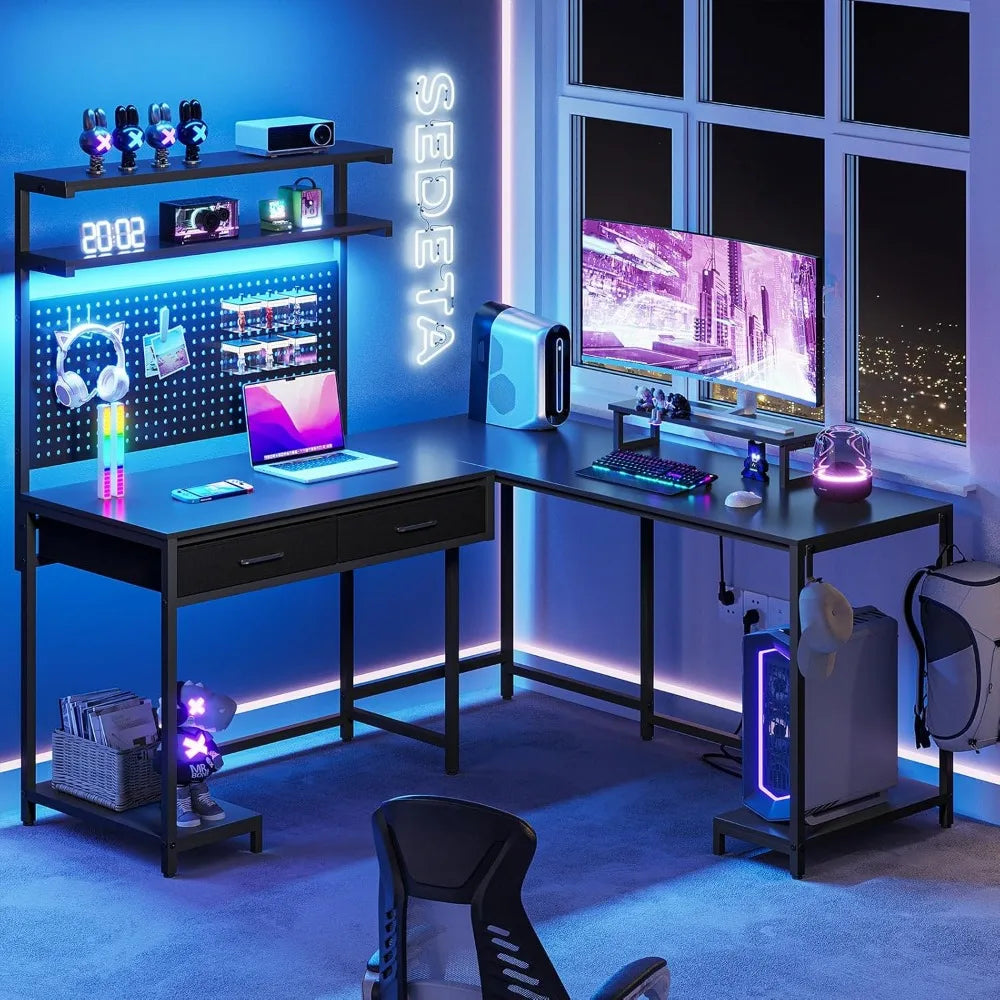 L Shaped Gaming Desk with LED Lights, Pegboard and Drawers