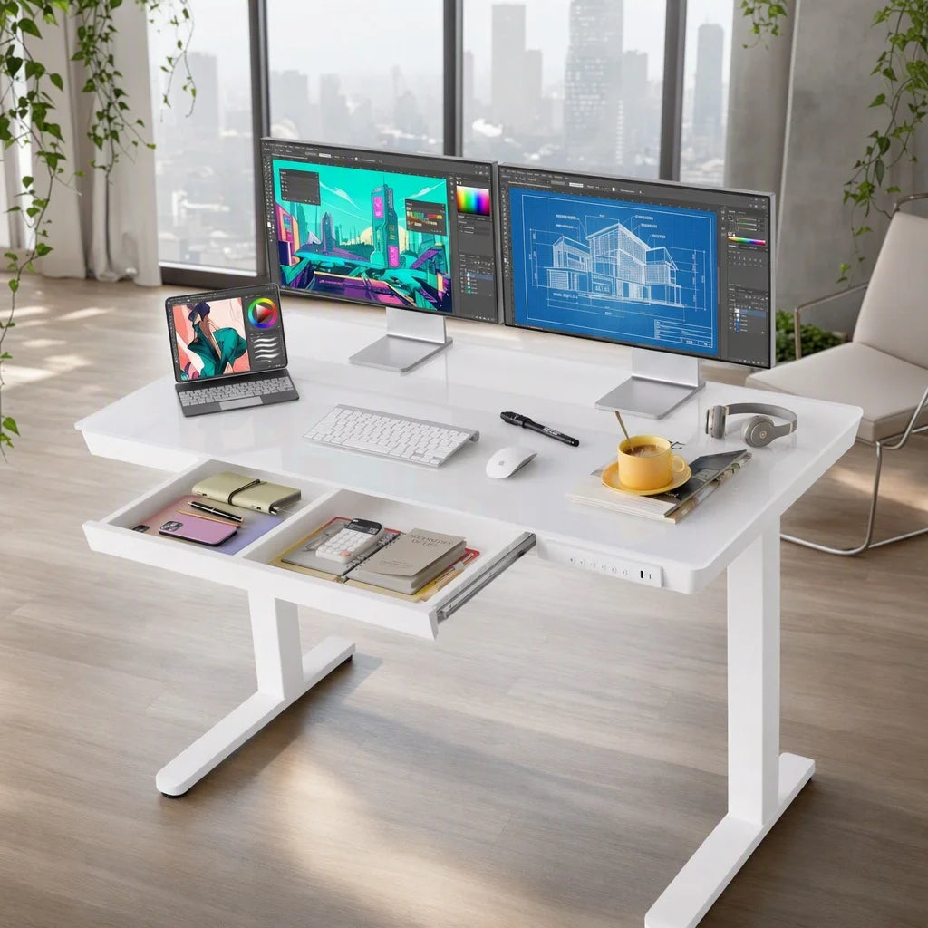Glass Standing Desk with Drawer 58 X 28 Adjustable Height