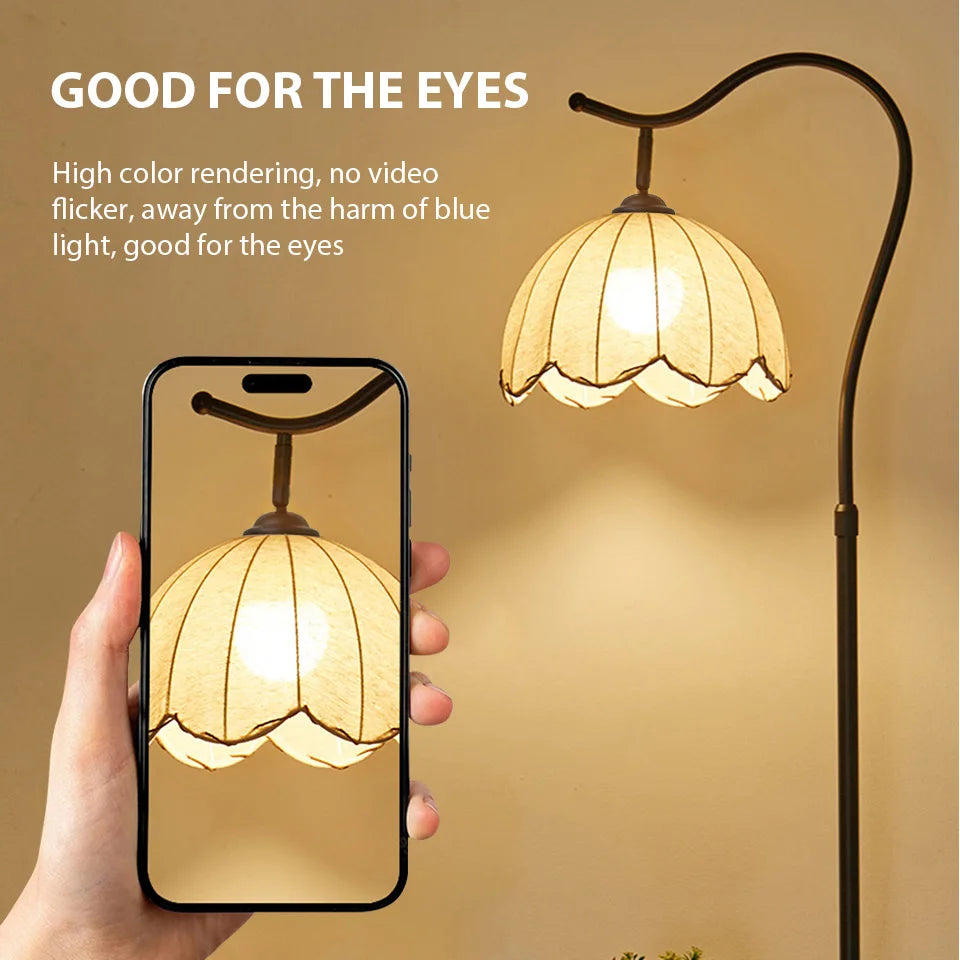 Vintage-Style Floor Lamp: featuring a hanging shade and a solid wood tabletop