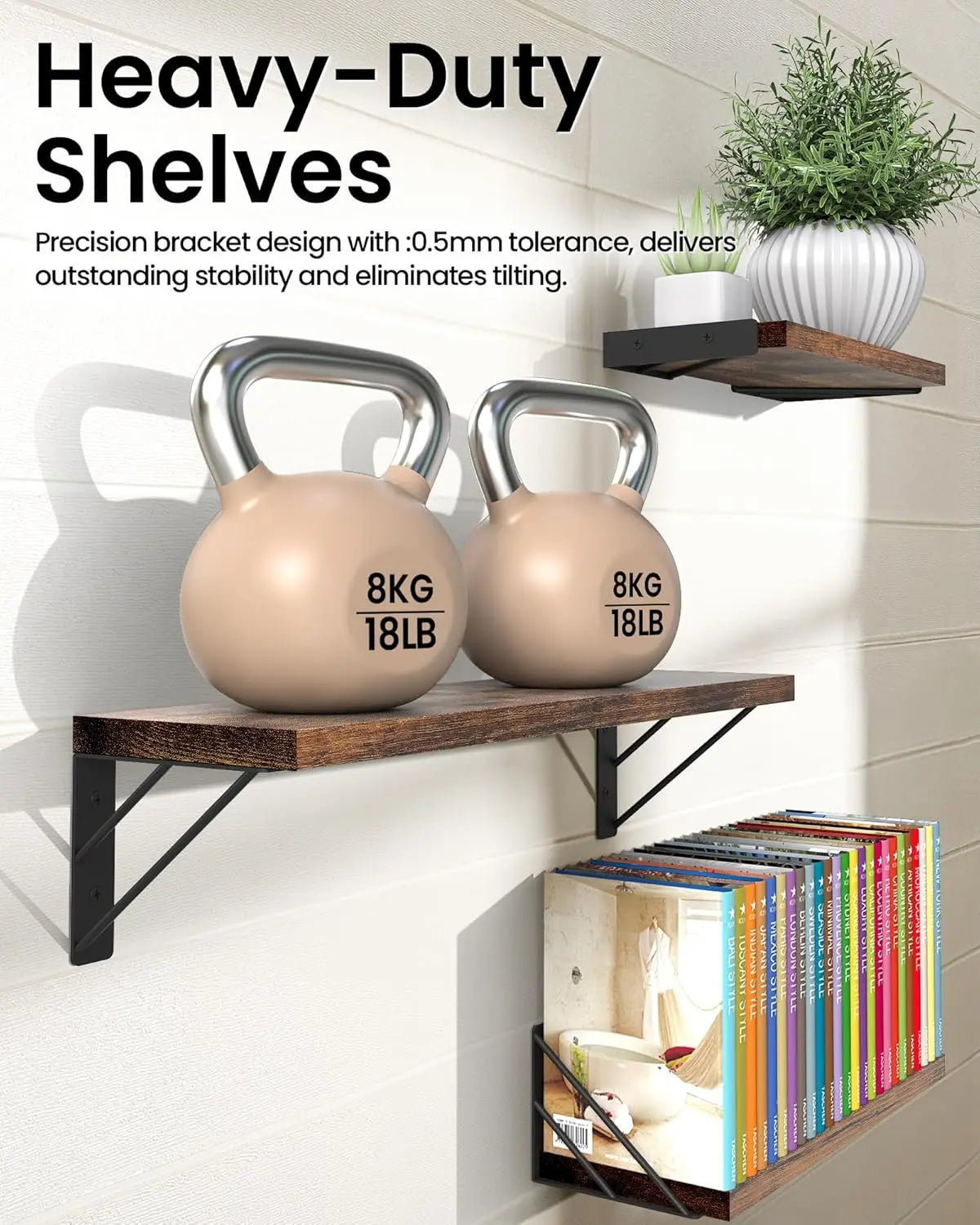 Rustic Brown Floating Wall Shelves Set of 3 for Home Decor, Books, Plants in Bedroom, Bathroom, Kitchen
