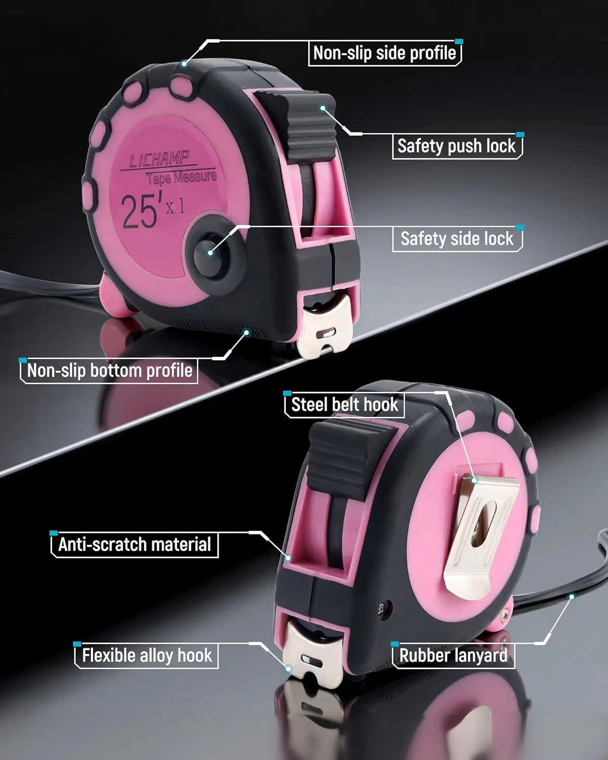Pink Tape Measure 4 Pack, 10ft x 5/8in, 16ft x 3/4in, 25ft x 1in