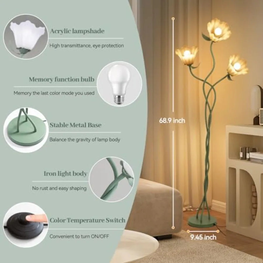 Vintage 3 Heads Flower Floor Lamp with Adjustable Gooseneck