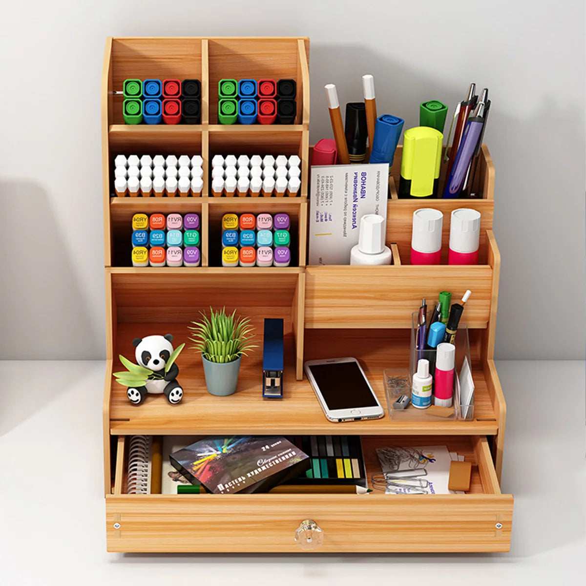 Simple Wooden Pen Holder Storage Shelf With Drawer