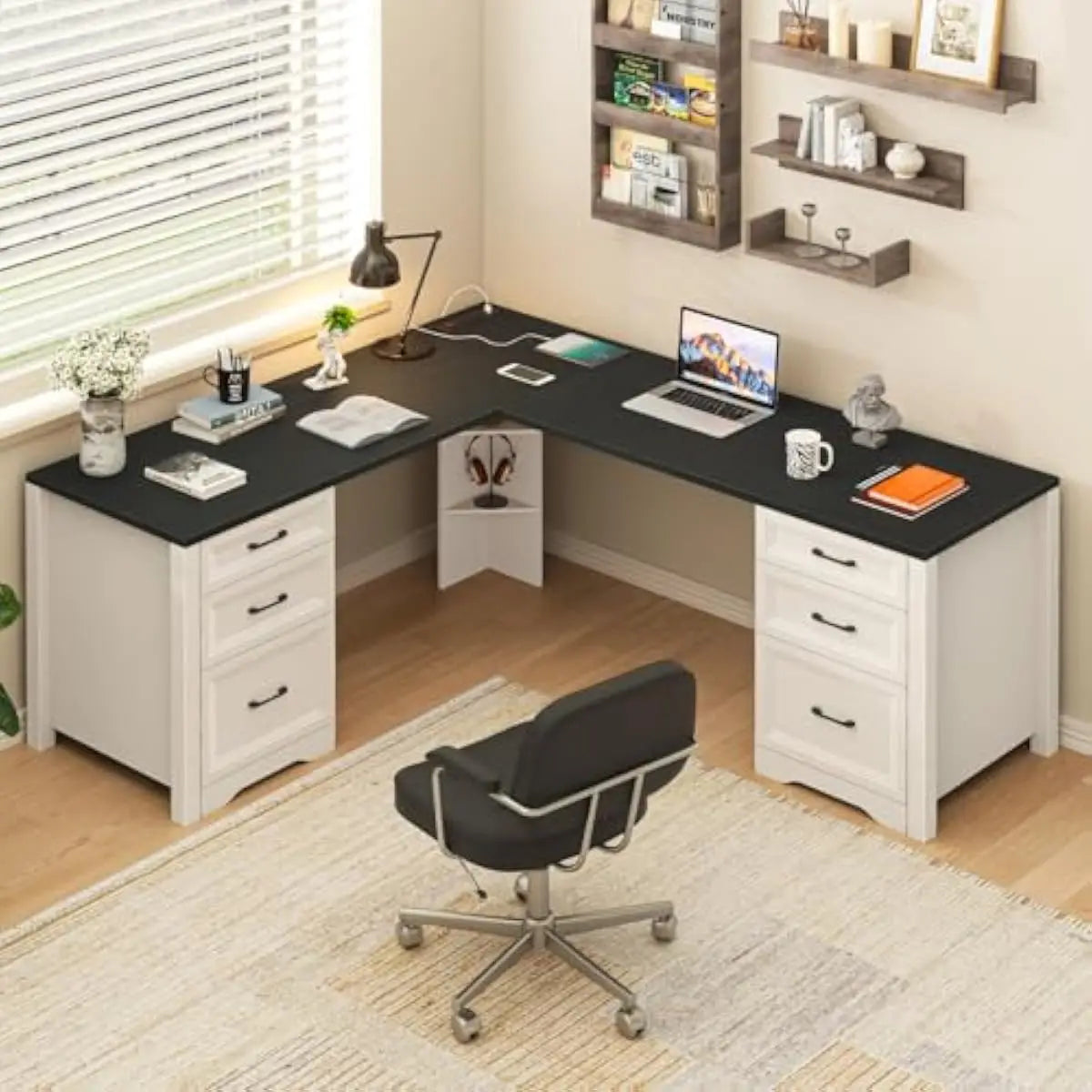 L Shaped Modern Desk with 4 Large Drawers Built-in Power Hub