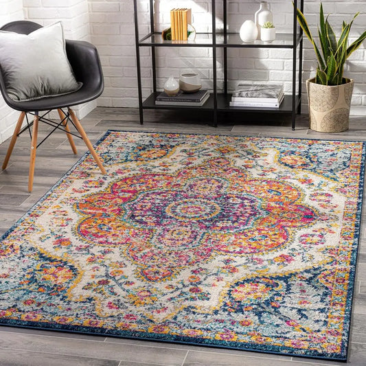 Vintage Boho Fuchsia Mustard Blue Floral Medallion Area Rug, 7x9