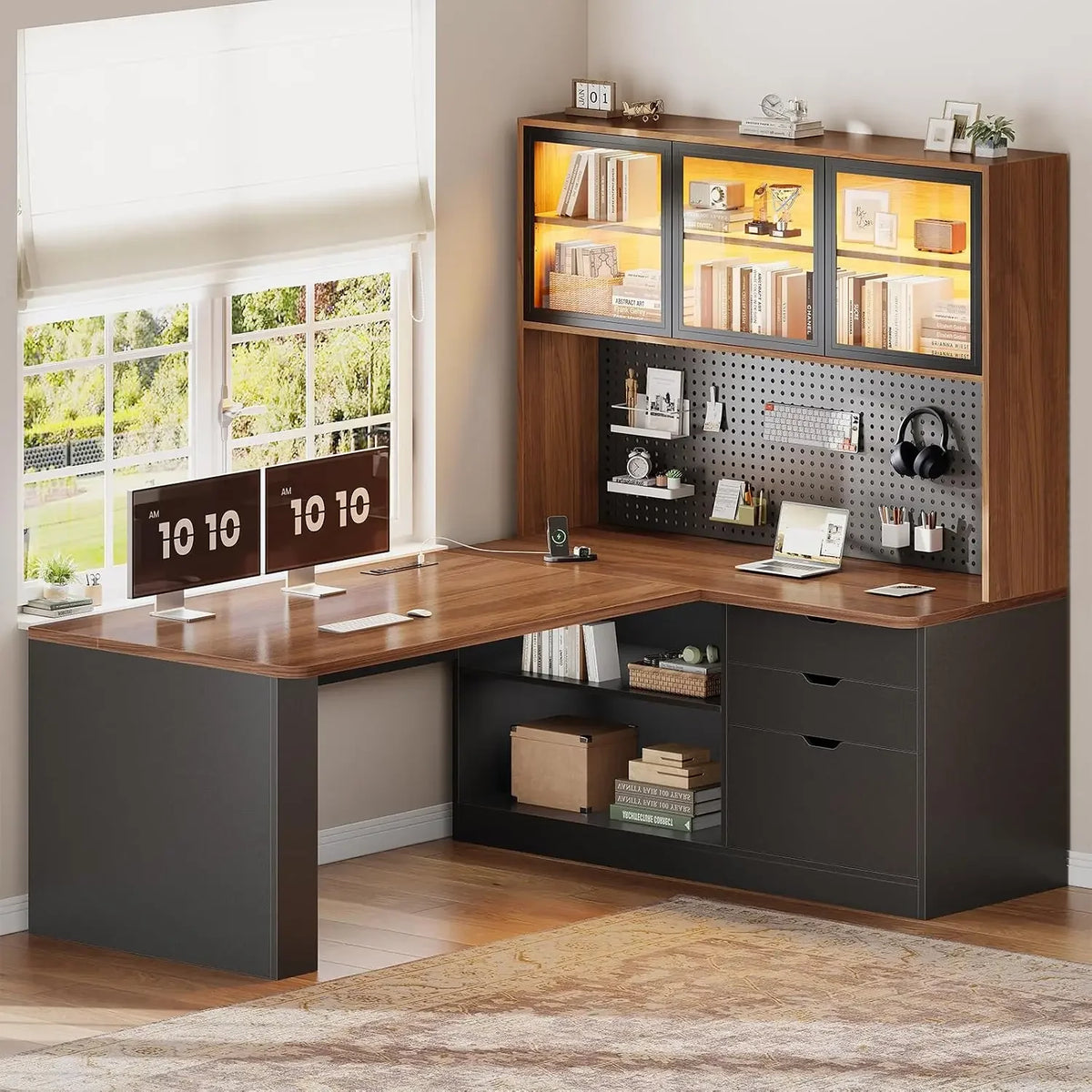 L Shaped Corner Gaming Desk with 3 Wood Drawer and Large Bookshelf
