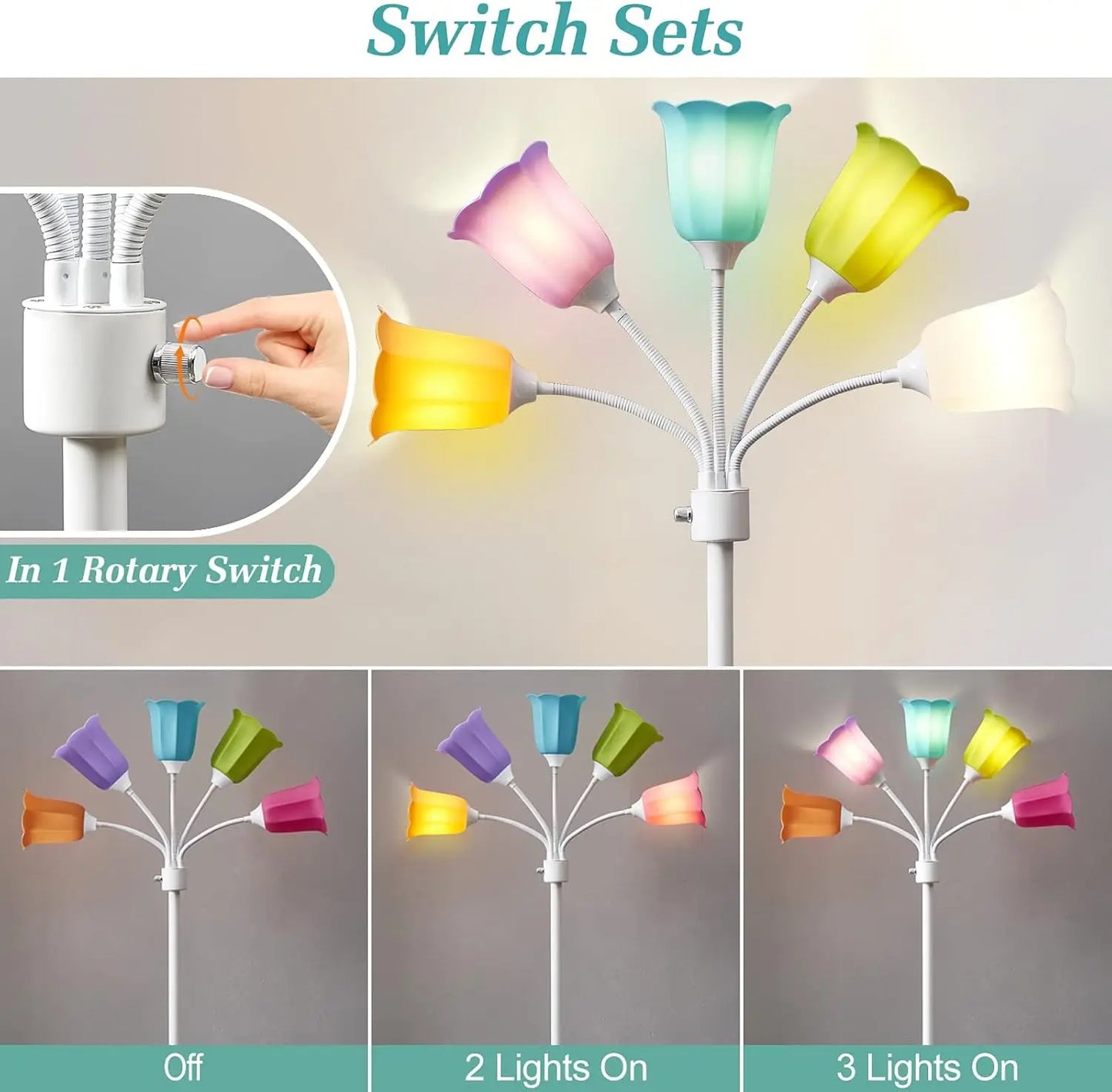 Modern Adjustable Multi-Head Floor Lamp with 6 Color Lampshades