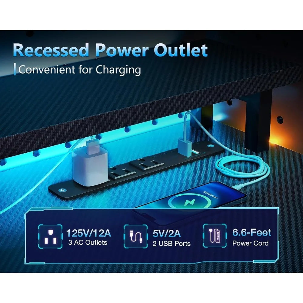 59 Inch Gaming Desk with USB Charging Ports, LED Light & Monitor Stand