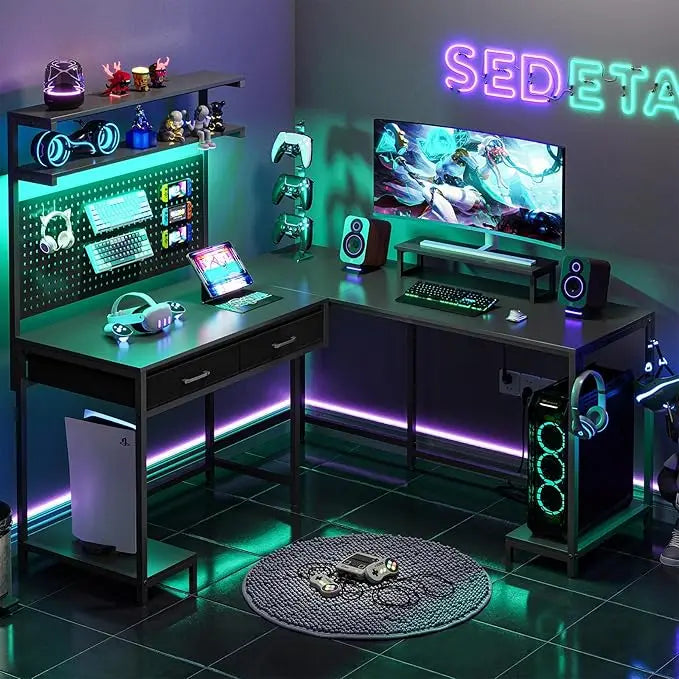 L Shaped Gaming Desk with LED Lights, Pegboard and Drawers