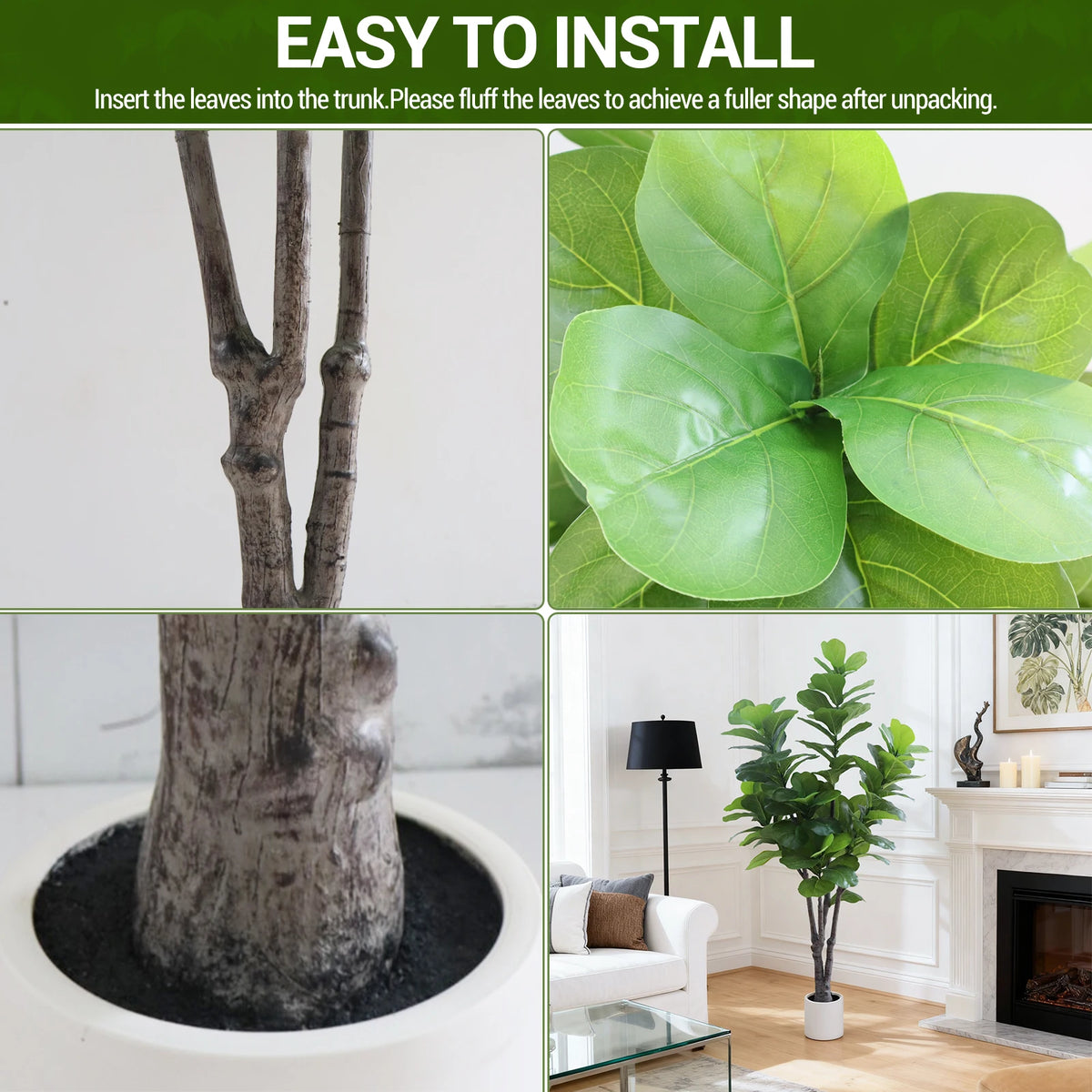 Lifelike Artificial Fiddle Leaf Fig Tree 6FT with Lifelike Leaves& Pebbles