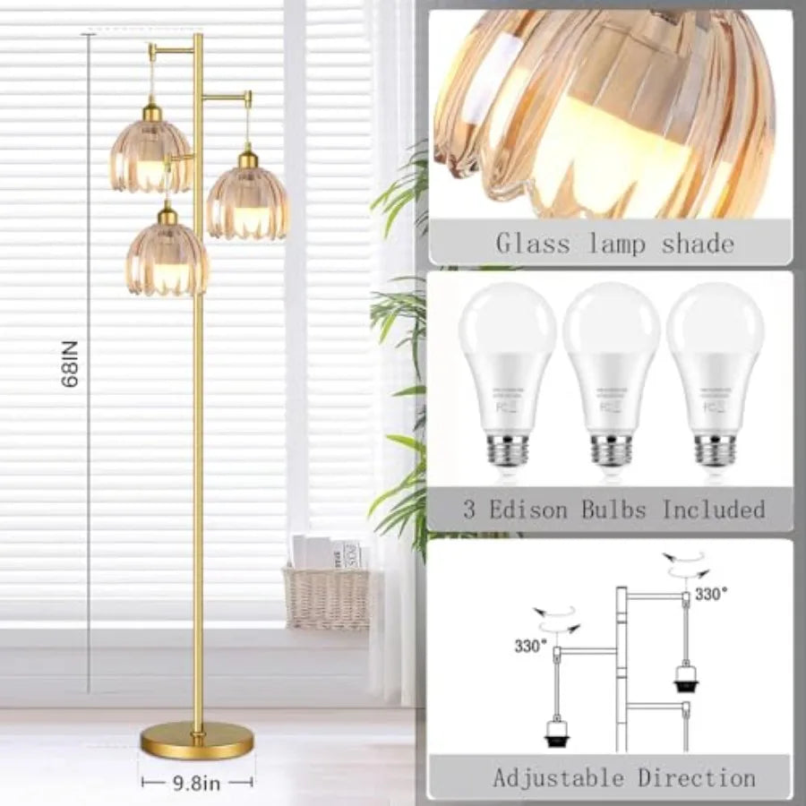 Gold Floor Lampswith Glass Lampshade and Three Led Bulb