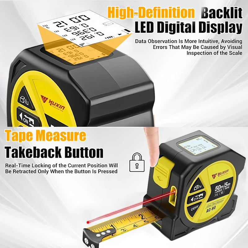 50m Laser 5m Steel Tape Measure - Digital Display Hook Loop 1PC